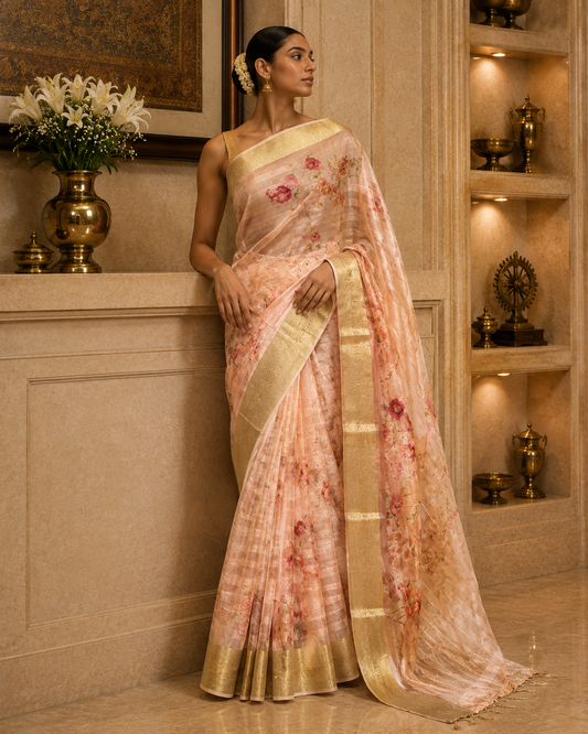 Peach Floral Viscose  Organza Saree