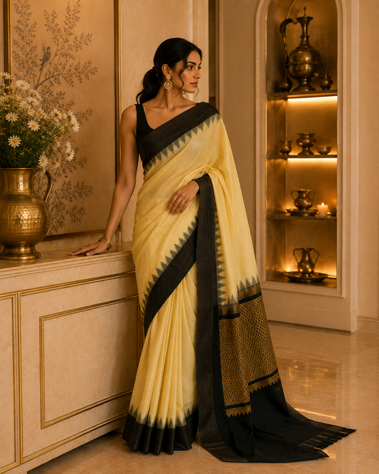Pure Gadwal Silk Saree – Beige & Black Checks Edition