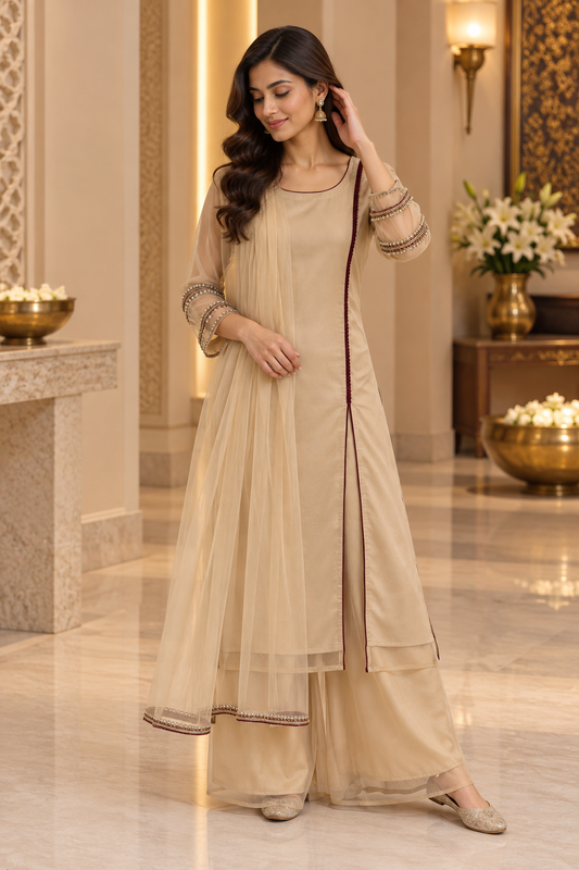 Peach Net Readymade Set with Maroon Borders