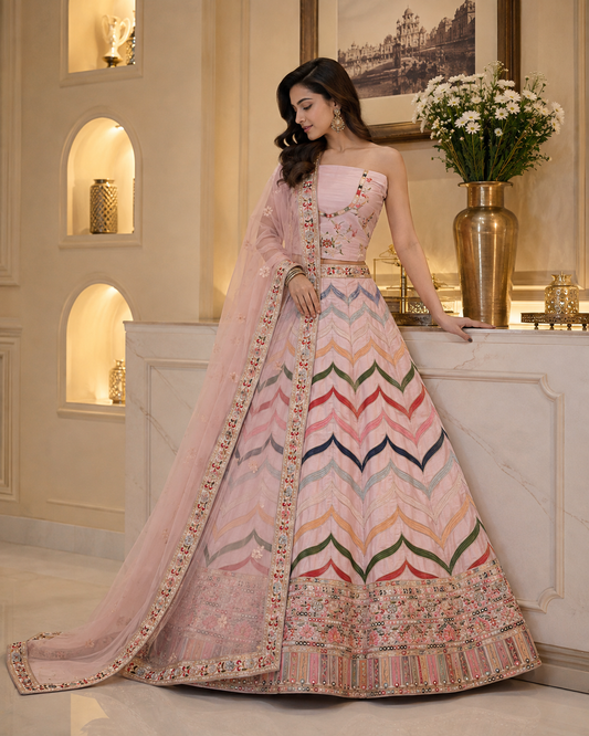 Dola Silk Pinkish Peach Sequinswork Unstitched Lehenga Set