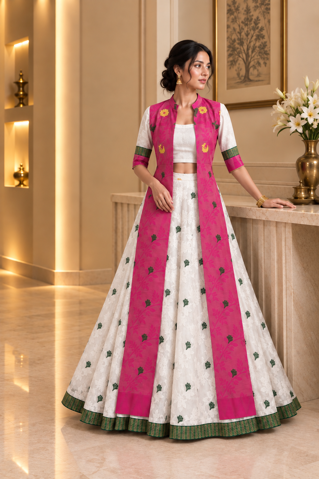 White cotton Jaamdani Lehenga with Jamdani Jacket