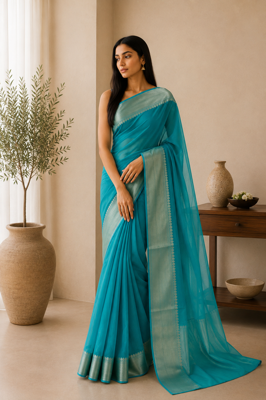 The Azure Dream: Turquoise Blue Benaras Cotton Silk Saree
