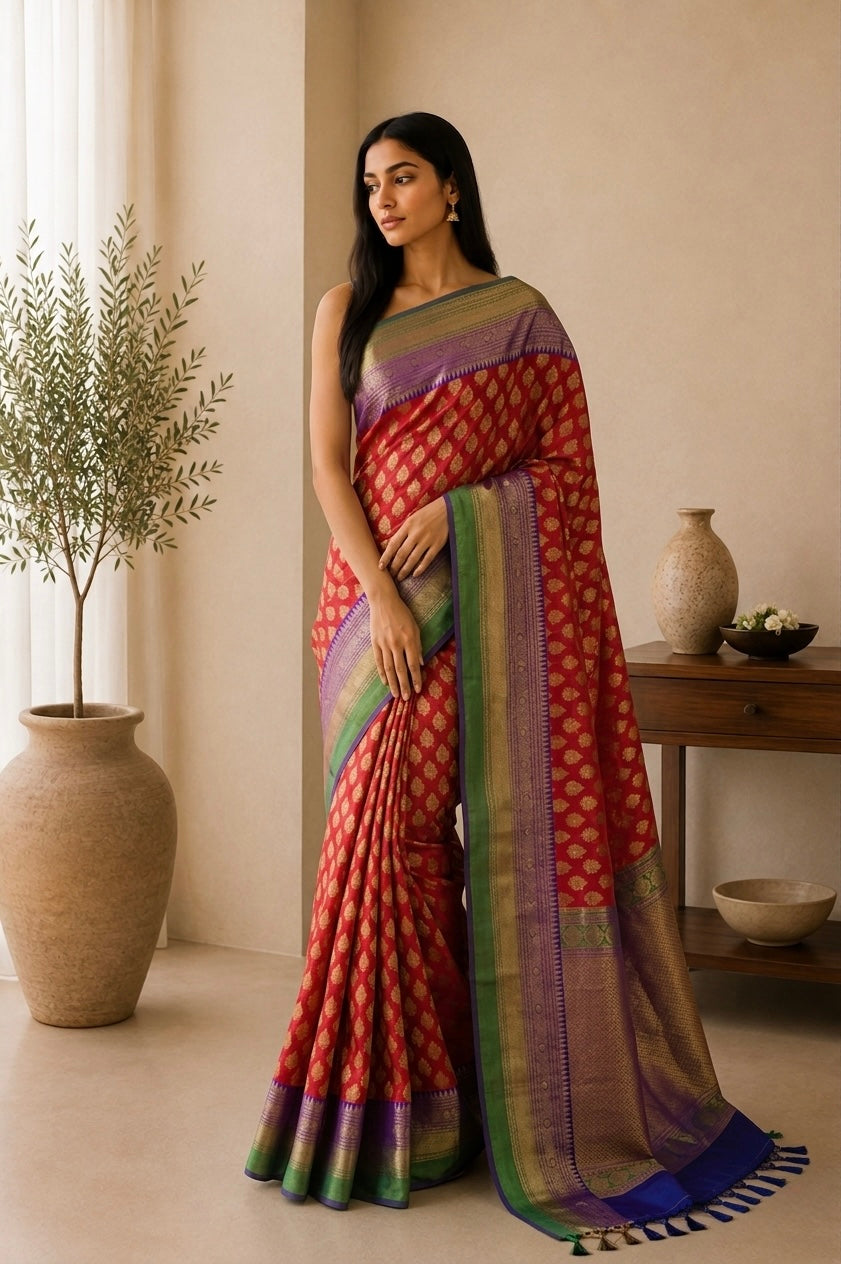The Electric Bloom: Hot Pink Benaras Semi Silk Saree