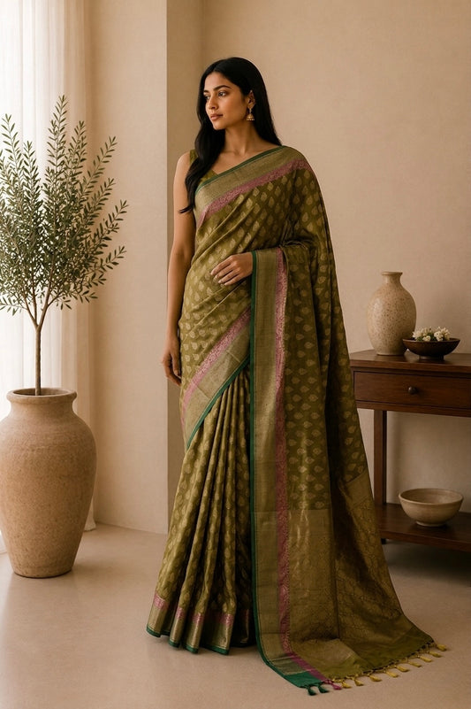 The Earthy Opulence: Olive Green Benaras Semi Silk Saree