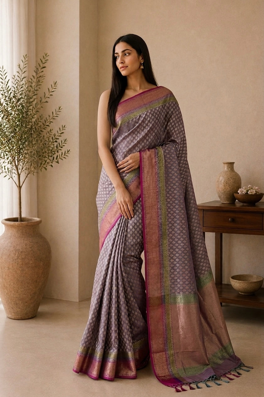The Regal Twilight: Purple-Blue Benaras Semi Silk Saree