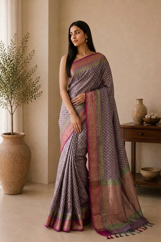 The Regal Twilight: Purple-Blue Benaras Semi Silk Saree