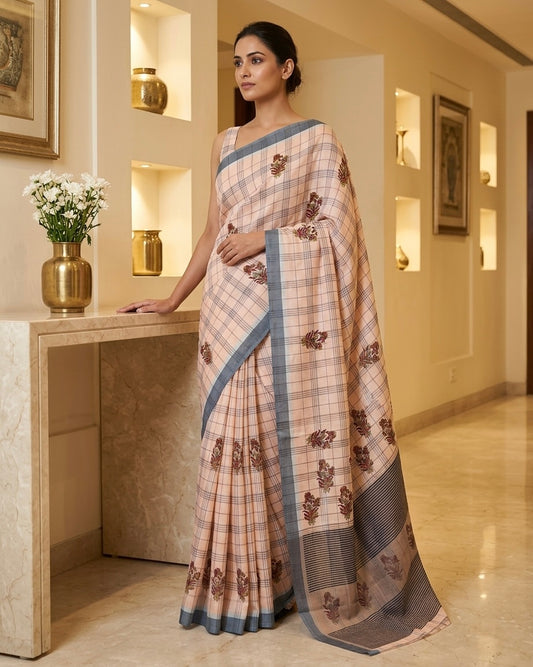 Peach Linen Checks Saree