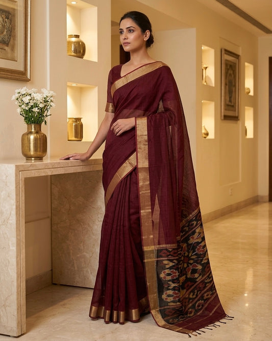 Embossed Ikkat Maroon Cotton Saree