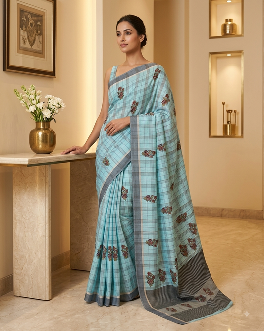 Blue Linen Checks Saree