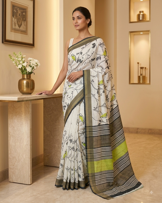 Bird Screen Printed Linen Saree