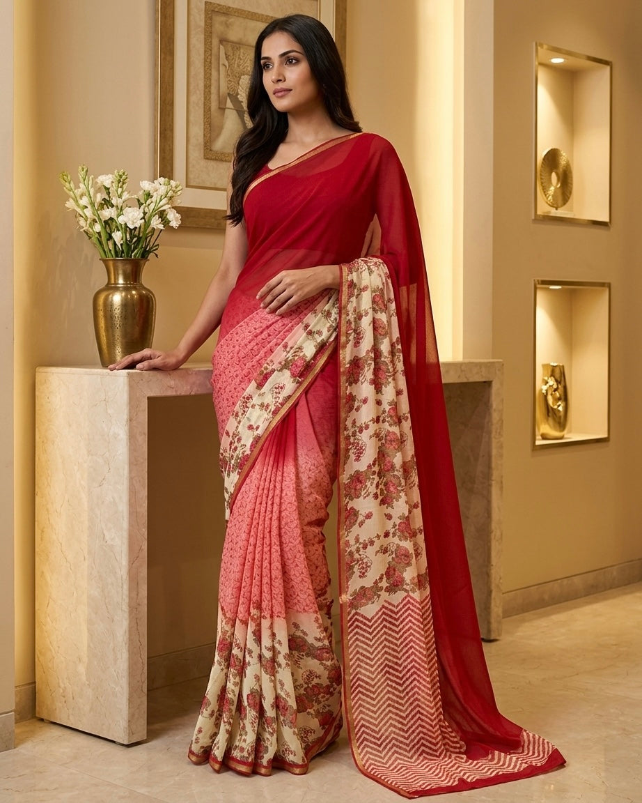 Red And Pink Chiffon Saree