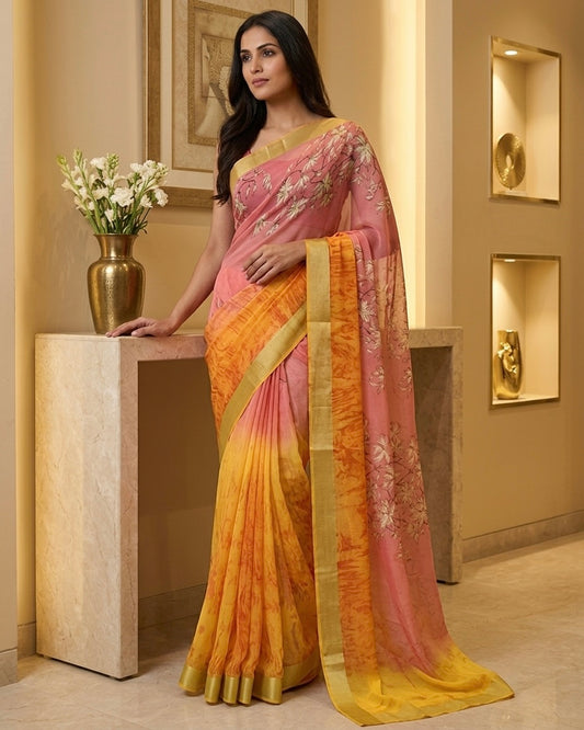 Pink And Yellow Chiffon Saree