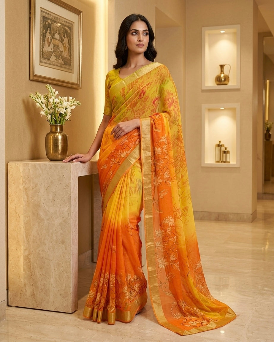 Yellow And Orange Chiffon Saree