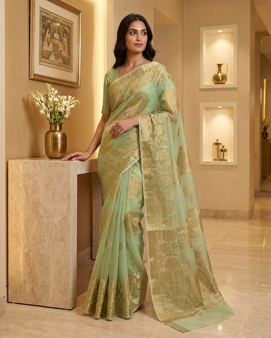 Mint Green Kota Cotton Silk Saree
