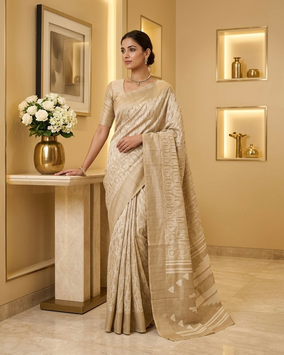 Beige Cotton Silk Saree Floral