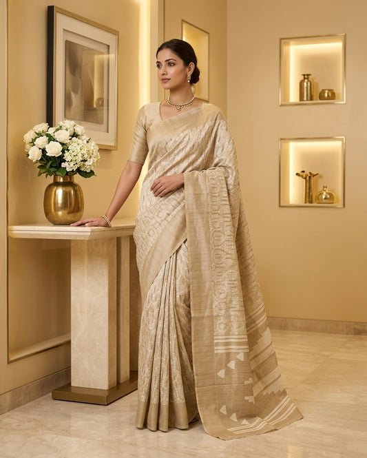 Beige Cotton Silk Saree Floral