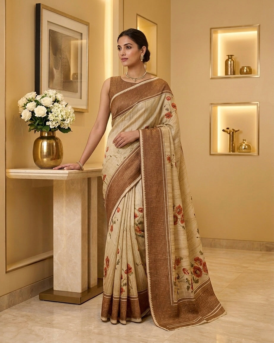Beige Poly Silk Kanthawork Saree