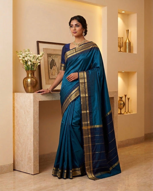 Turquoise Cotton Silk Saree