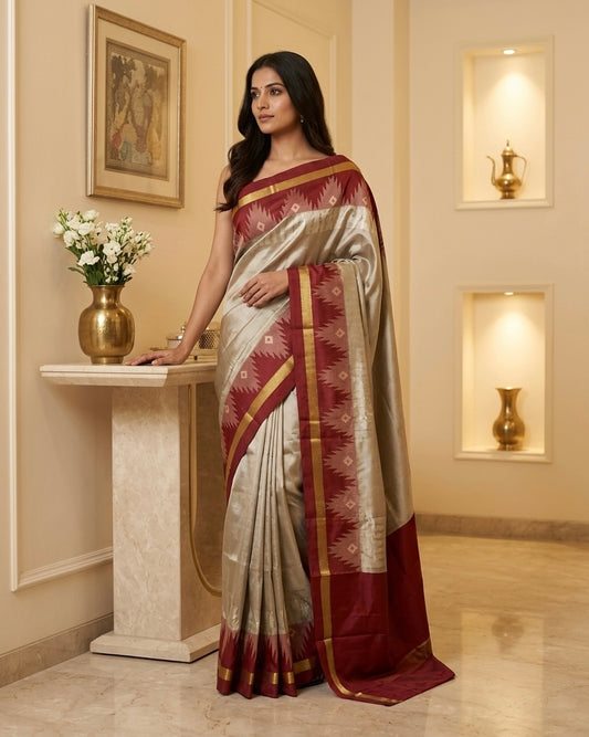 Greyish Beige Cotton Silk Saree