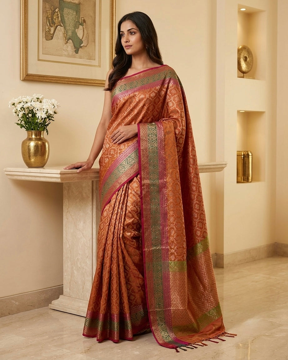 The Radiant Amber: Rust Benaras Semi Silk Saree
