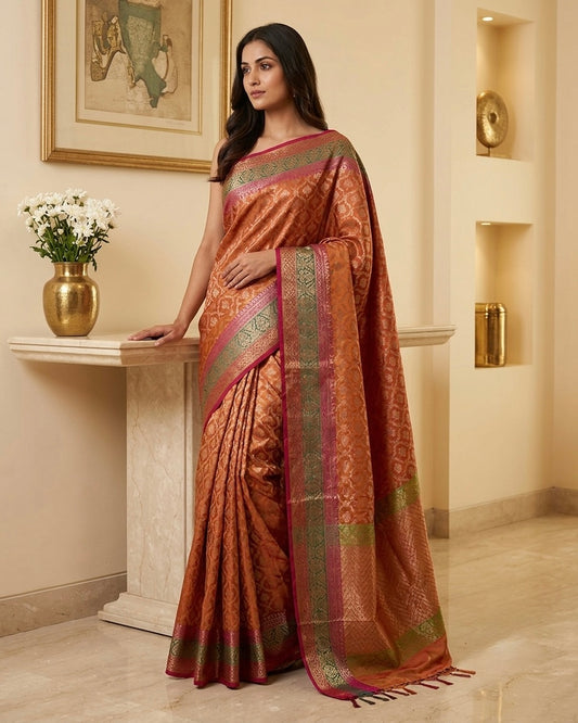 The Radiant Amber: Rust Benaras Semi Silk Saree