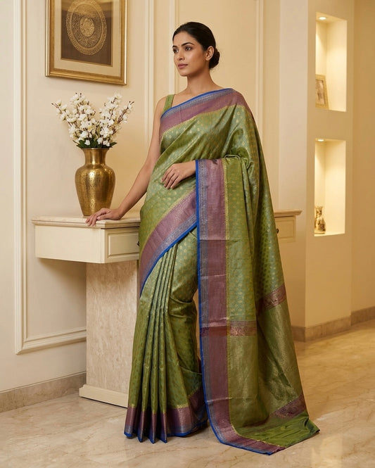 The Oceanic Majesty: Green-Blue Benaras Semi Silk Saree