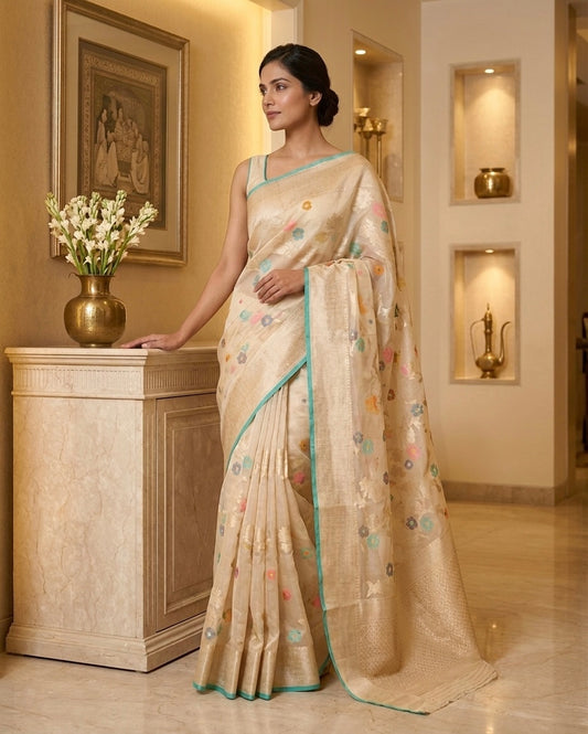 Peach Benaras Kora Organza Saree