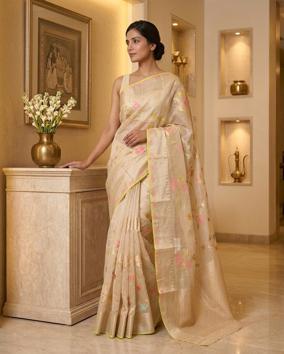 Beige Benaras Kora Organza Saree