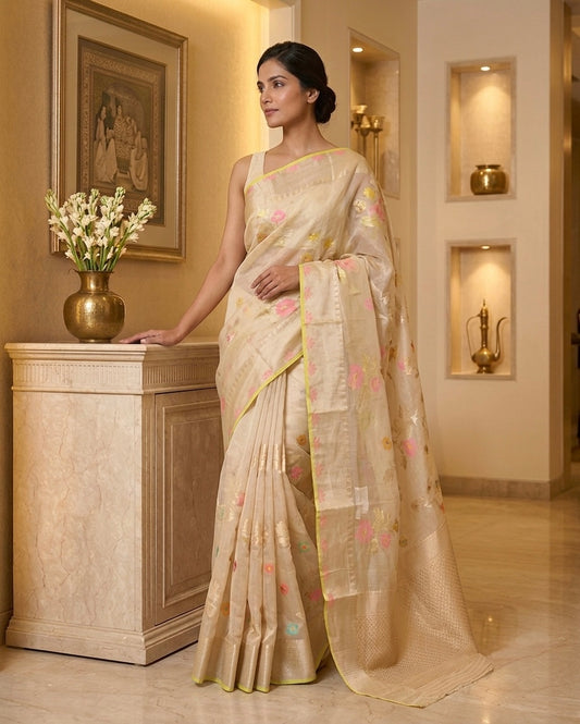 Beige Benaras Kora Organza Saree