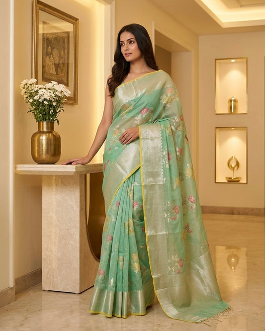 Sea green Benaras Kora Organza Saree