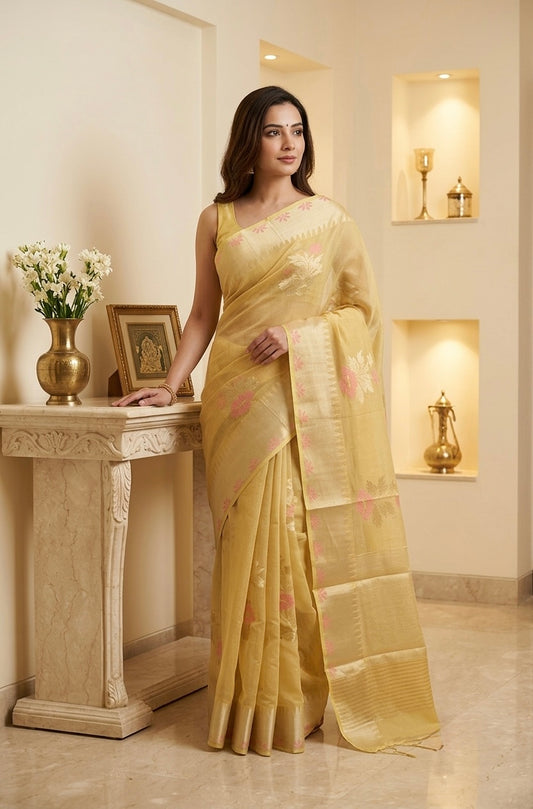 Mustard Benaras Kora Organza Saree