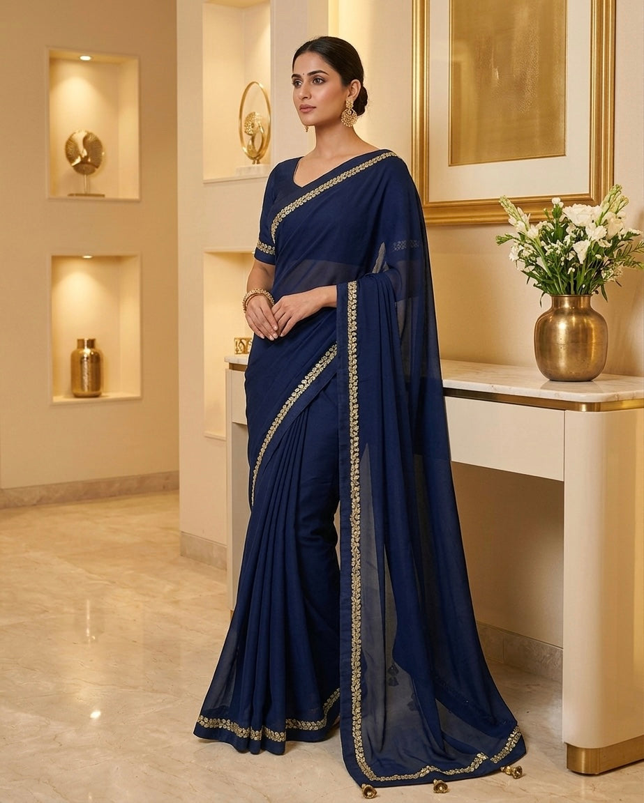 Navy Blue Chinon Saree with Borders
