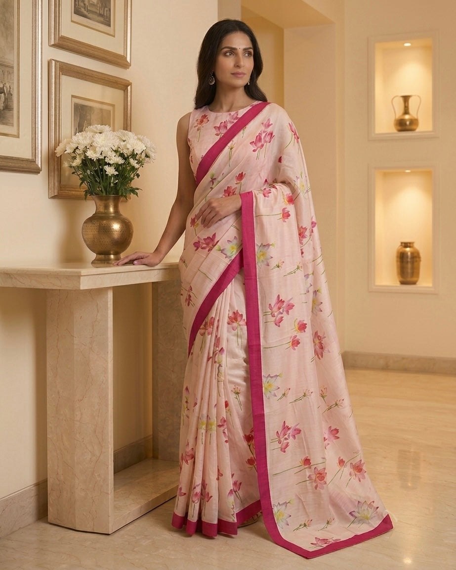 Pink digital Print Silk Saree