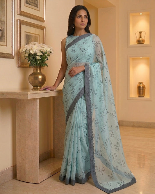 Sea Blue Georgette Floral Saree