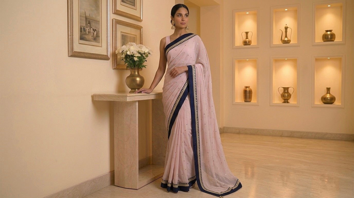 Onion Embroidered Chinon Saree