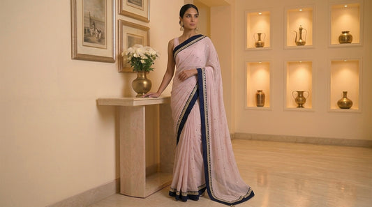 Onion Embroidered Chinon Saree