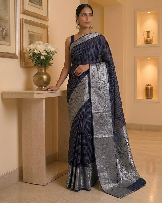 Navy Blue Organza checkered Saree with Silver Borders