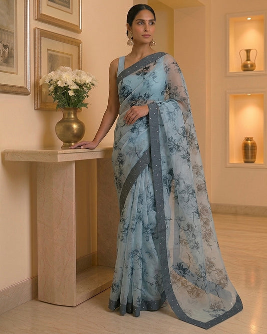 Grey Floral Designer Saree