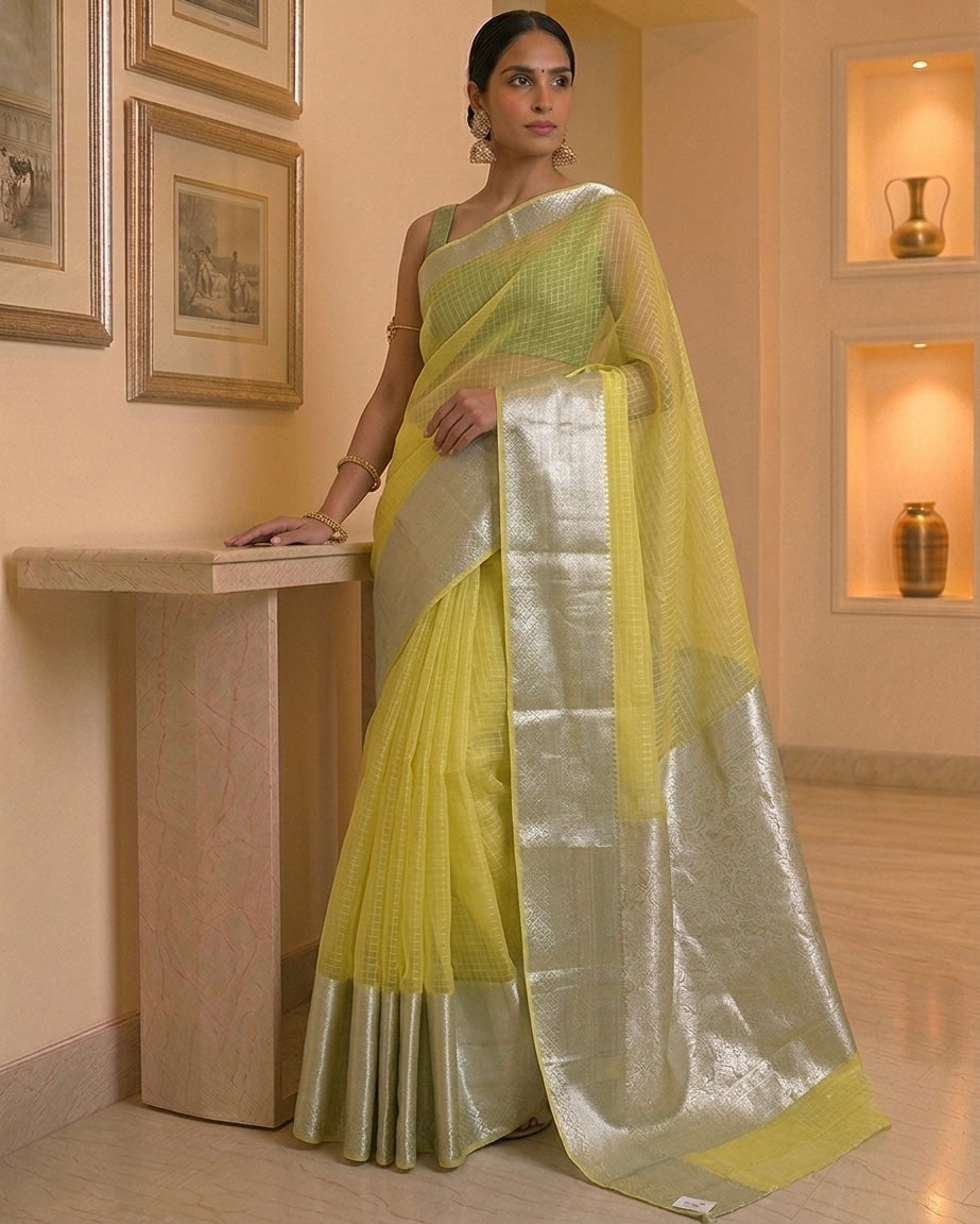 Organza Yellow Check Silver Border Saree
