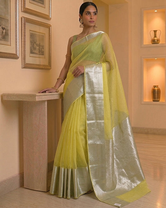 Organza Yellow Check Silver Border Saree