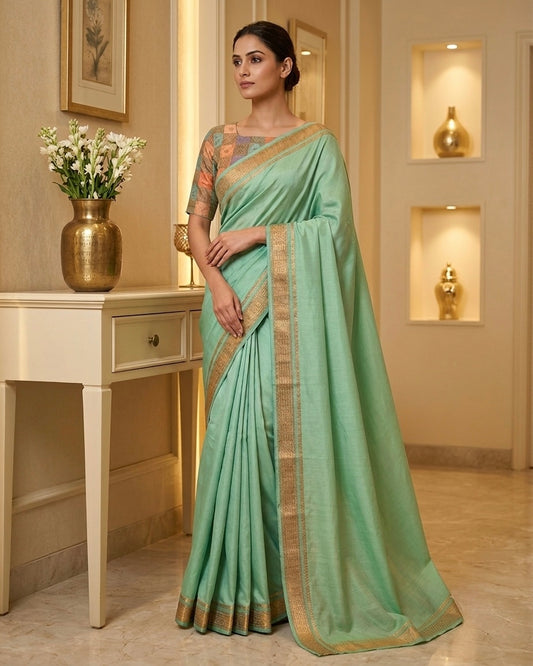 Green Silk Saree with Peach Borders