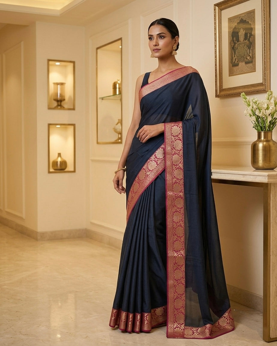 Grey Chinon Silk Saree with Pink Borders