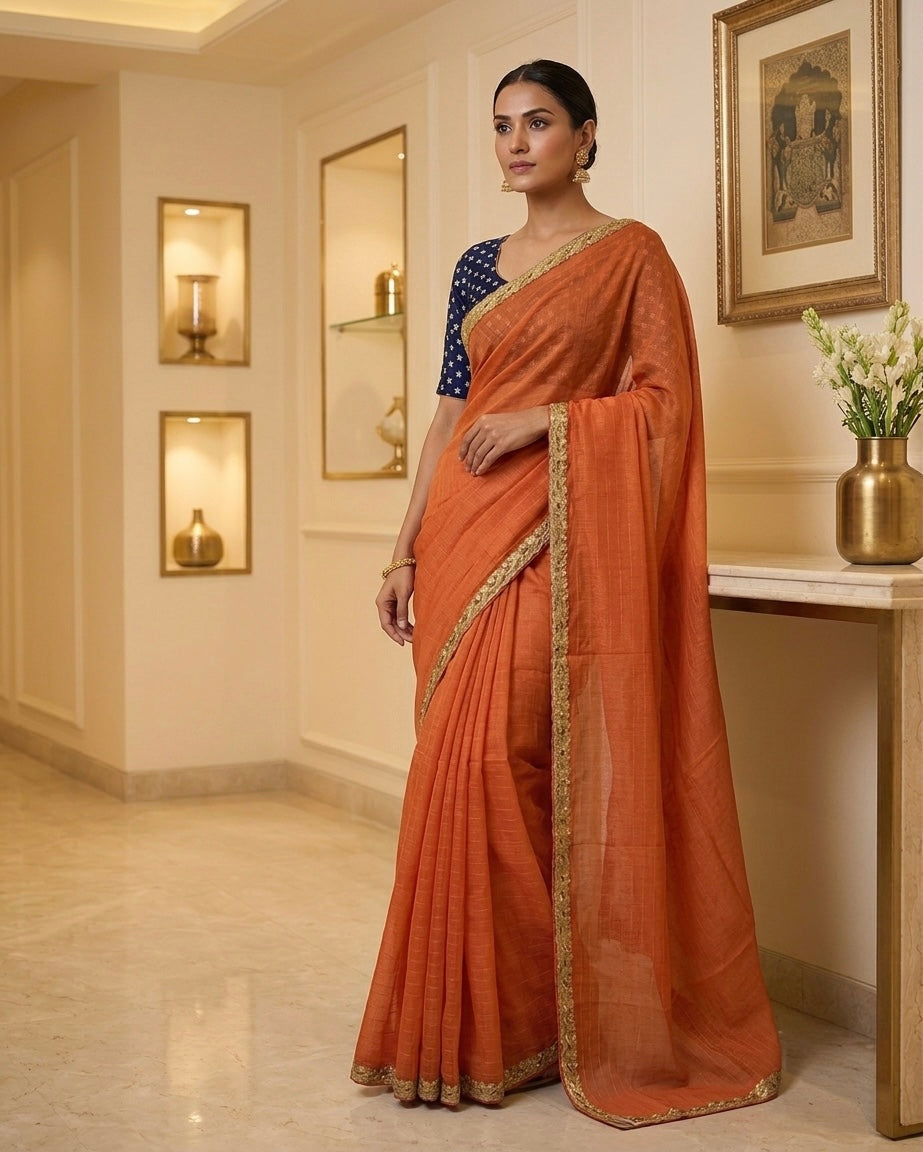 Orange Jute silk zari Saree