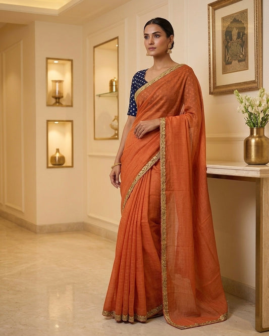Orange Jute silk zari Saree
