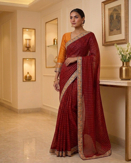 Red Jute silk zari Saree
