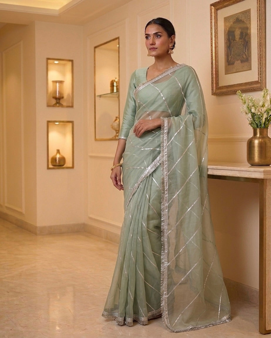 Moss Green Pure Organza Designer Saree