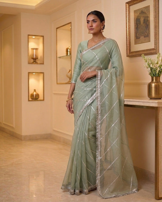 Moss Green Pure Organza Designer Saree
