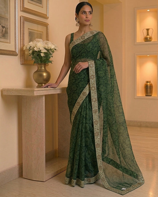 Organza Dark Green Saree