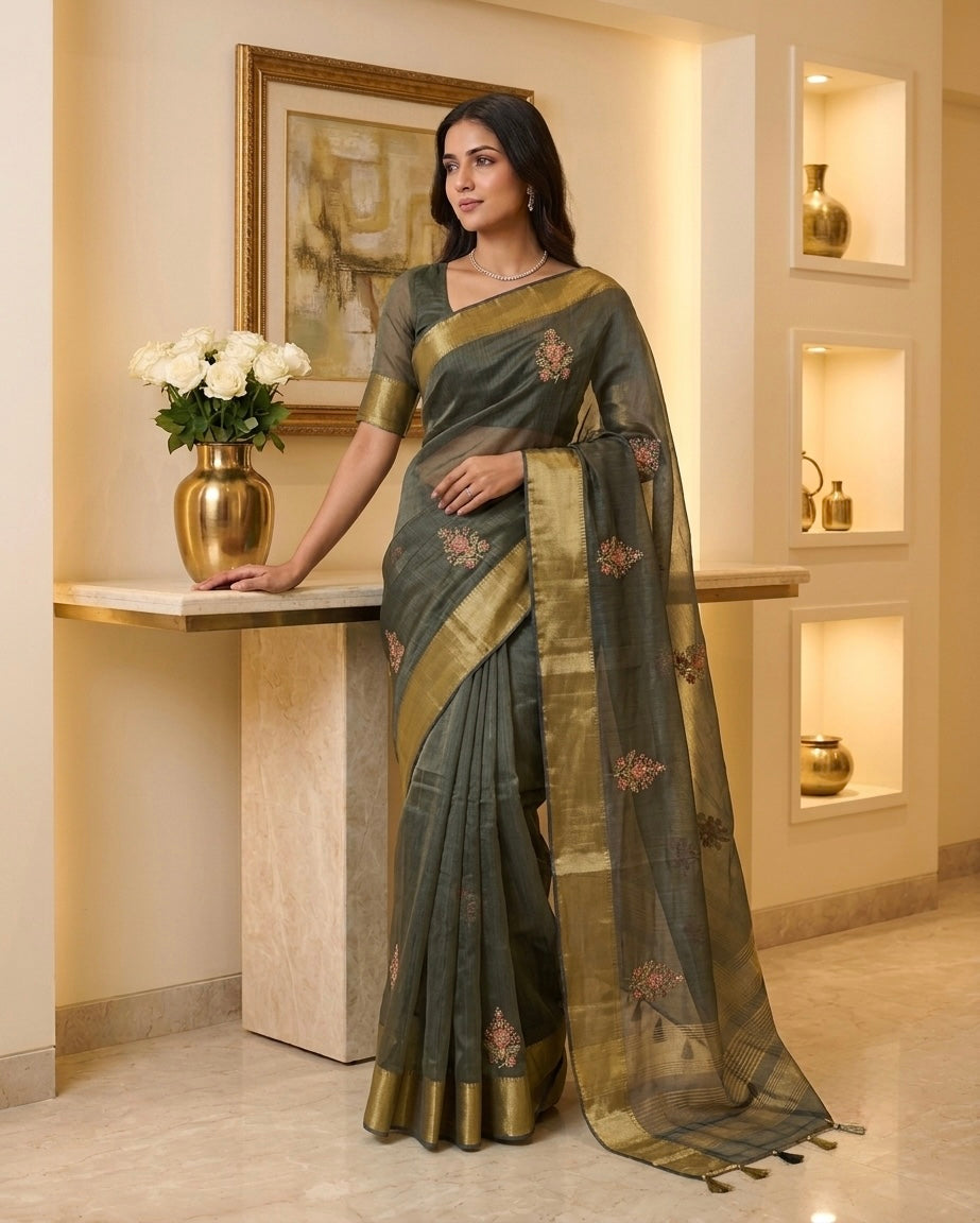 Tissue Organza Zari Stripes handwork Saree