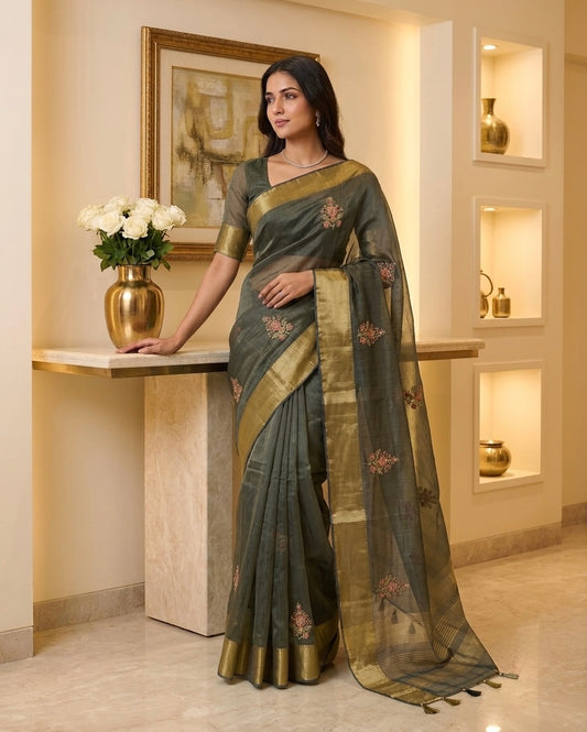 Tissue Organza Zari Stripes handwork Saree